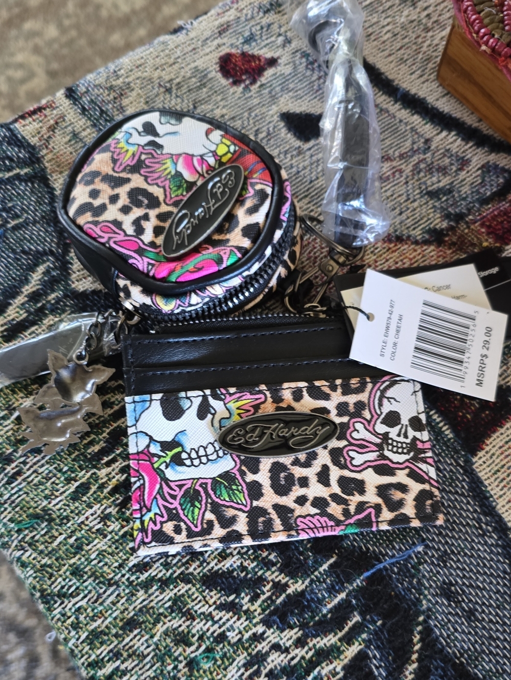 Ed Hardy Women's Skull & Leopard Card Holder and Coin Pouch - Black, Pink Nwt